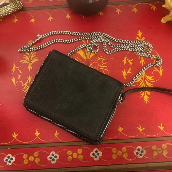 All Saints Black whipstitch cross body purse silver chain - Picture 2 of 13